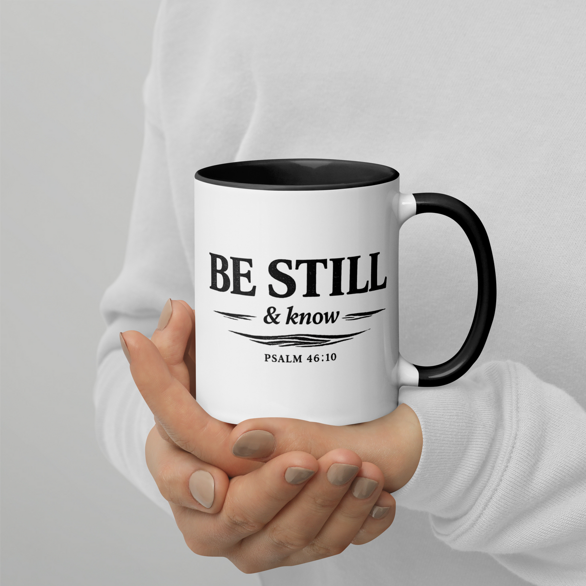 Be Still & Know Psalm 46:10 black color accent ceramic mug collection by RavnCo.
