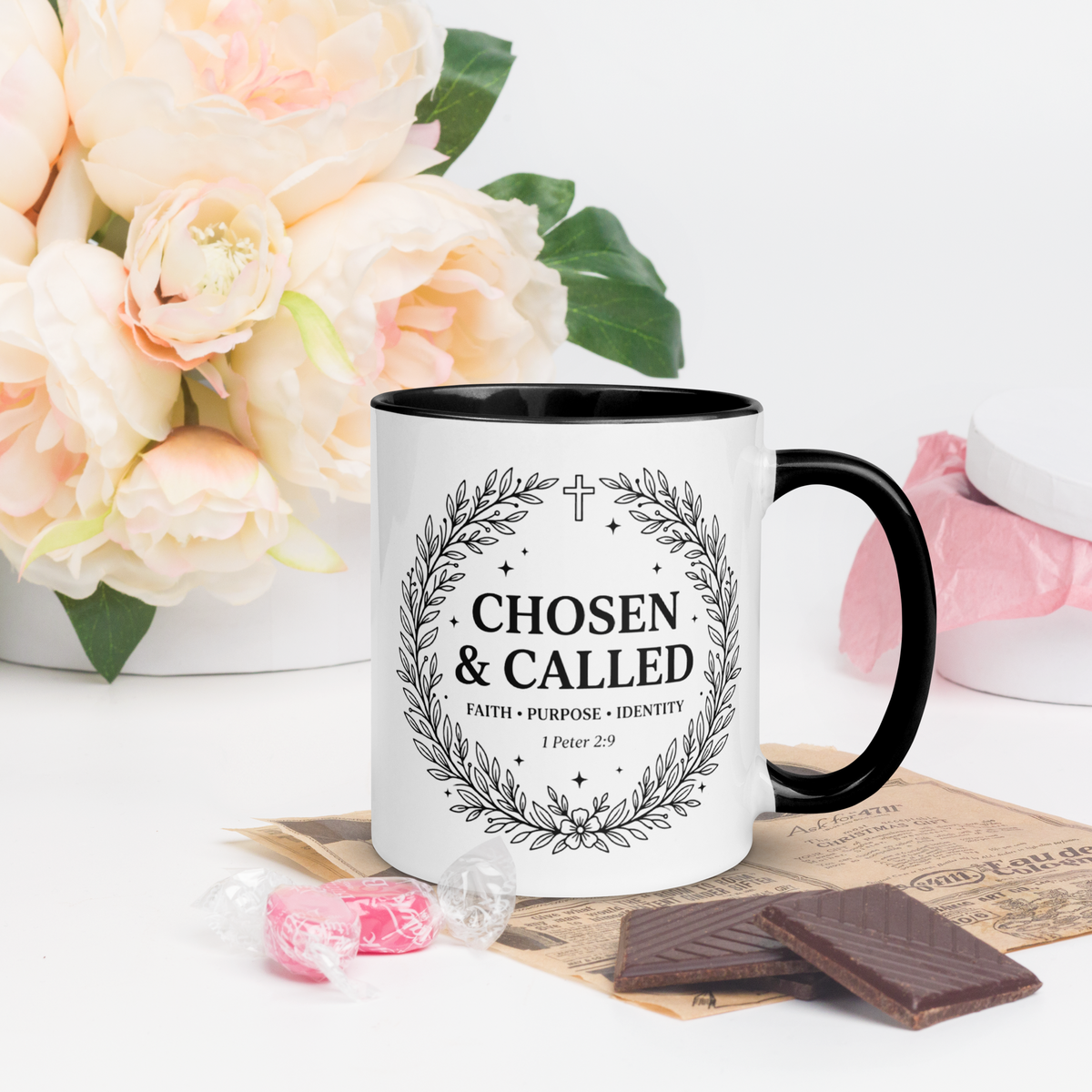 RavnCo Chosen & Called 11oz black color accent mug – 1 Peter 2:9 fine-line design.