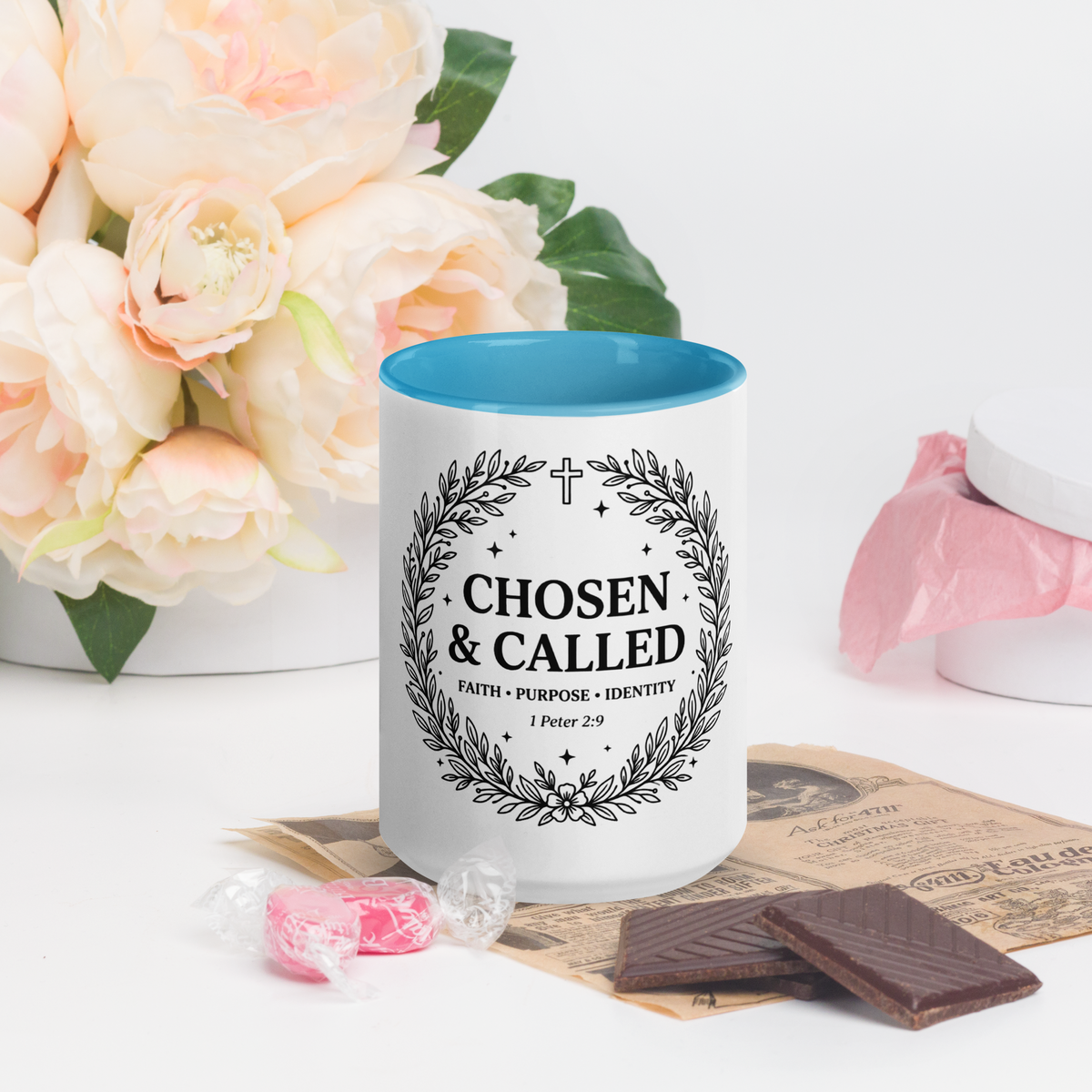 RavnCo Chosen & Called 15oz blue color accent mug – 1 Peter 2:9 fine-line design.