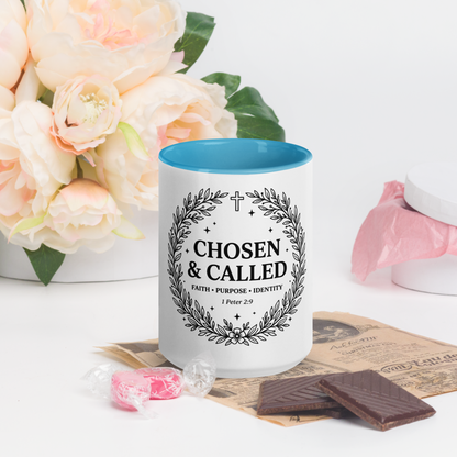 RavnCo Chosen & Called 15oz blue color accent mug – 1 Peter 2:9 fine-line design.