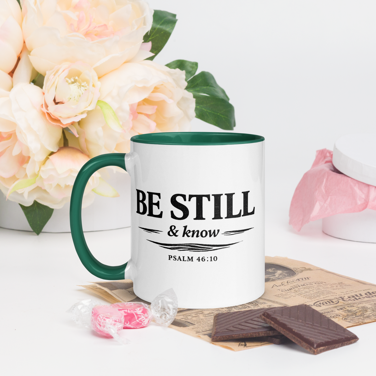Be Still & Know dark green color accent ceramic mug – Psalm 46:10 faith mug by RavnCo.