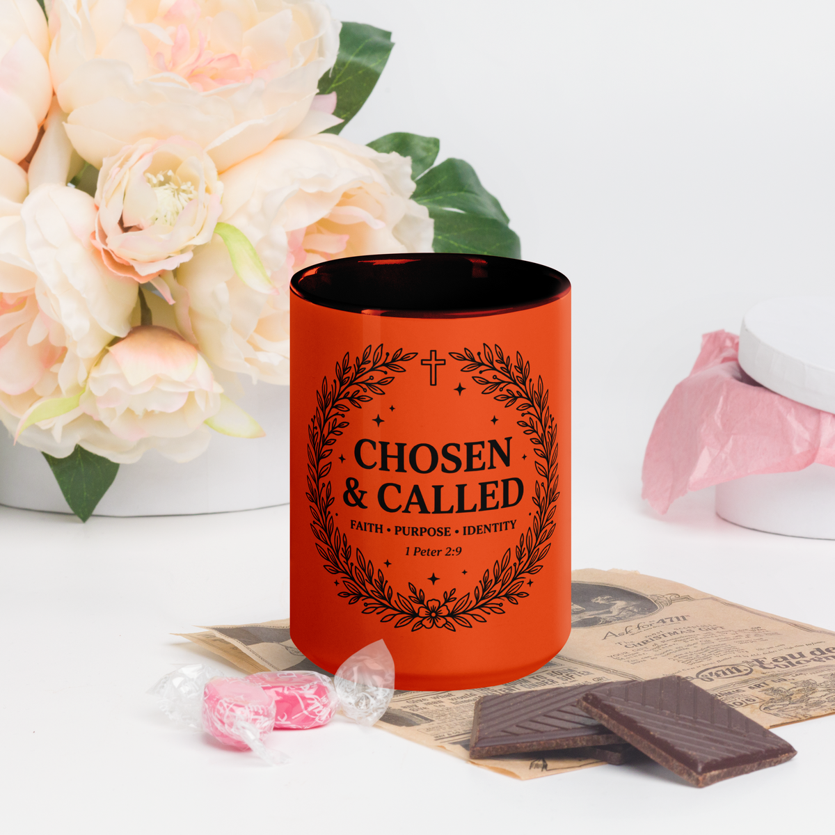RavnCo Chosen & Called 15oz orange color accent mug – 1 Peter 2:9 fine-line design.