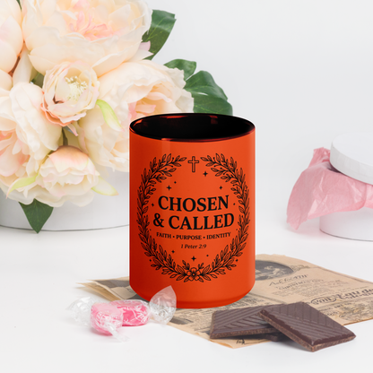 RavnCo Chosen & Called 15oz orange color accent mug – 1 Peter 2:9 fine-line design.