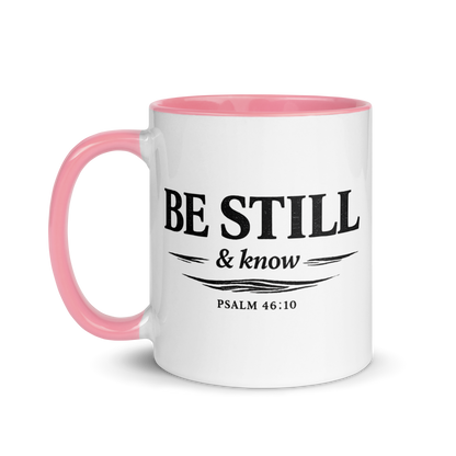 Be Still & Know pink color accent ceramic mug – Psalm 46:10 faith mug by RavnCo.