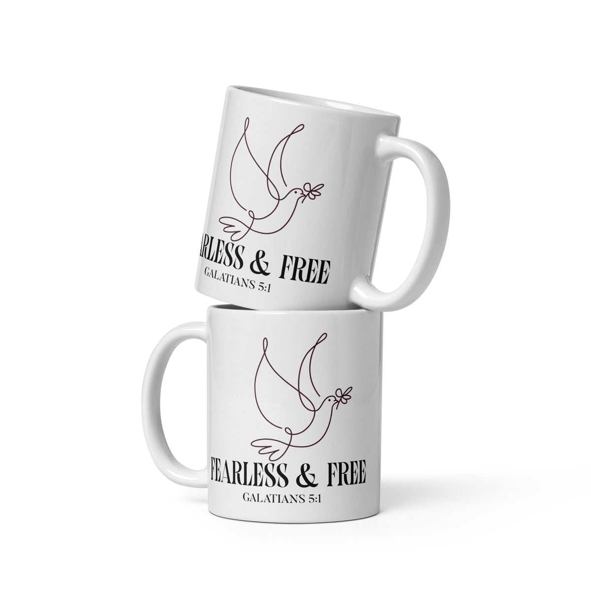 Fearless & Free white 11oz glossy ceramic mug – Galatians 5:1 faith mug by RavnCo.