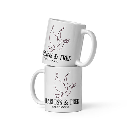 Fearless & Free white 11oz glossy ceramic mug – Galatians 5:1 faith mug by RavnCo.