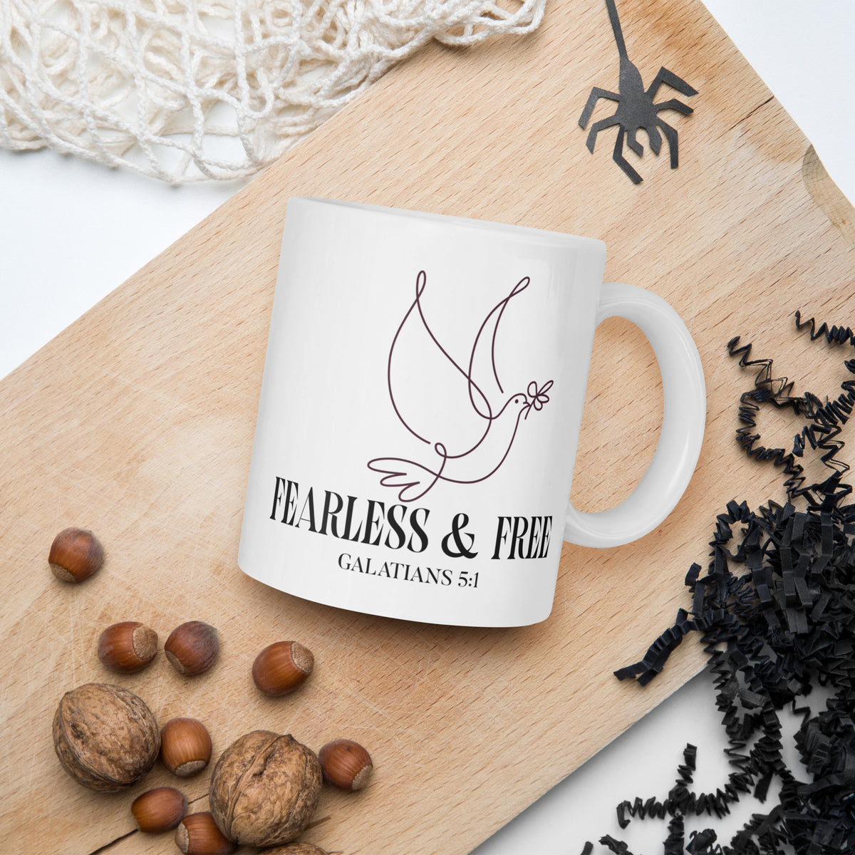 RavnCo Fearless & Free 15oz white glossy ceramic mug – Galatians 5:1 fine-line design.