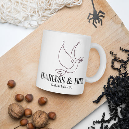 RavnCo Fearless & Free 15oz white glossy ceramic mug – Galatians 5:1 fine-line design.