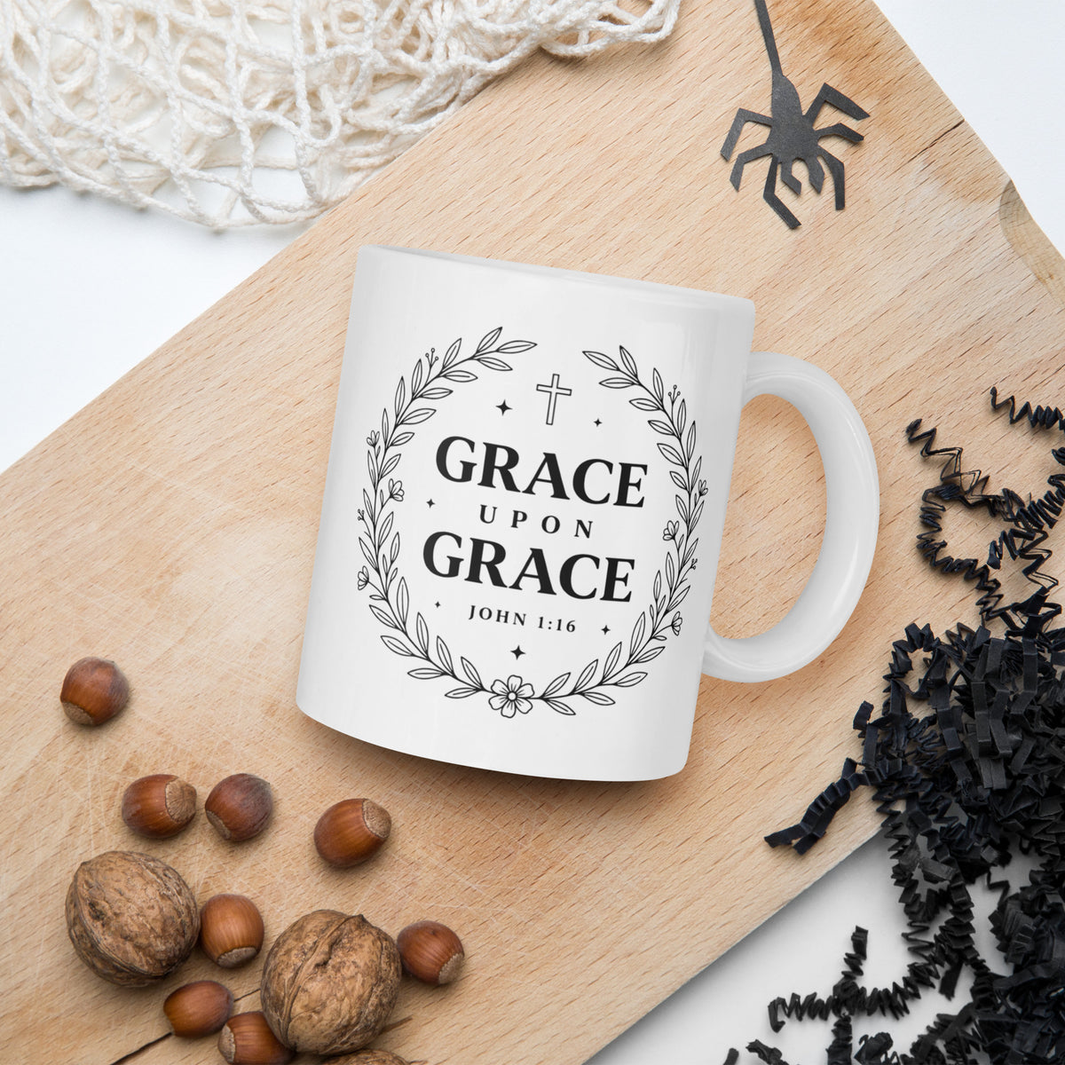 Grace Upon Grace 11oz white glossy ceramic mug – John 1:16 faith mug by RavnCo.