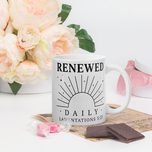 Renewed Daily White Glossy Ceramic Mug – Lamentations 3:23 faith-inspired coffee mug by RavnCo
