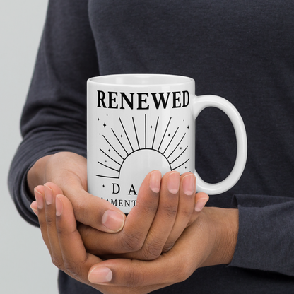 RavnCo Renewed Daily 11oz white ceramic mug with Lamentations 3:23 sunrise design