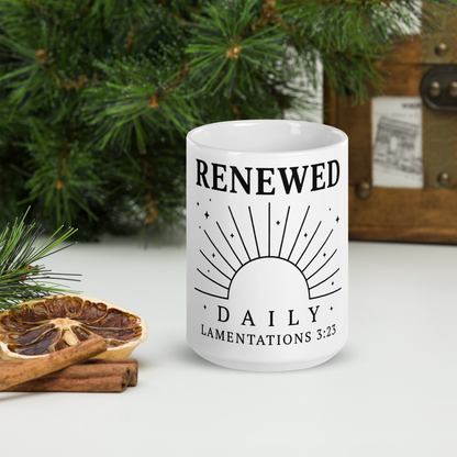 RavnCo Renewed Daily 15oz white ceramic mug with Lamentations 3:23 sunrise design.