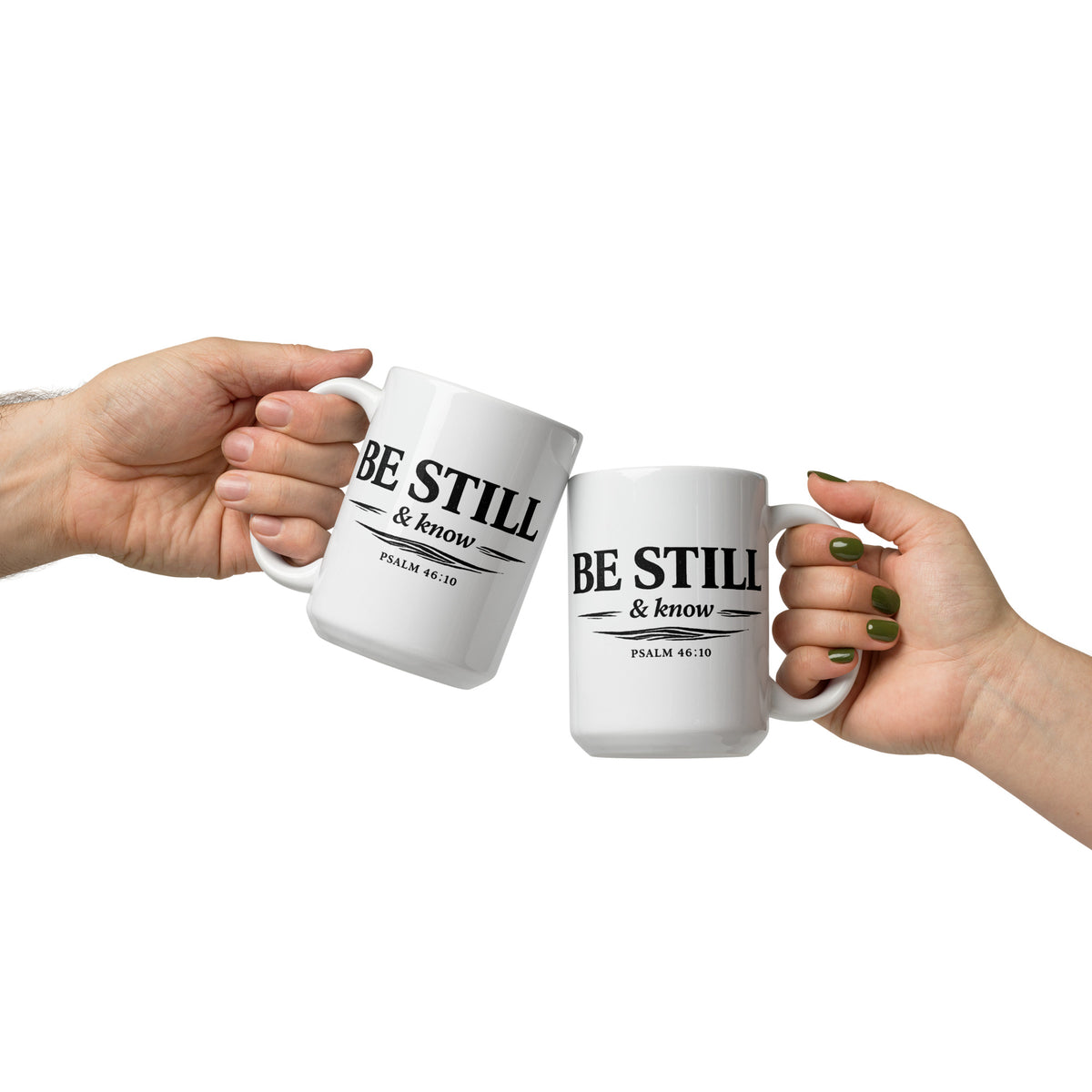 RavnCo Be Still & Know 15oz white glossy ceramic mug – Psalm 46:10 fine-line design.