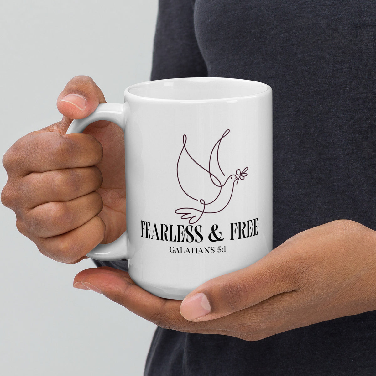 RavnCo Fearless & Free 20oz white glossy ceramic mug – Galatians 5:1 fine-line design.