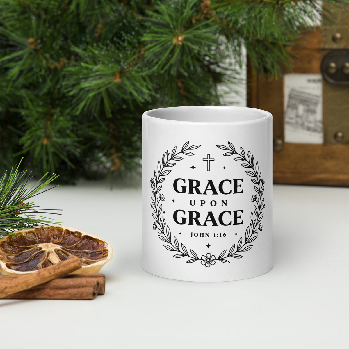 RavnCo Grace Upon Grace 20oz white glossy ceramic mug – John 1:16 fine-line design.