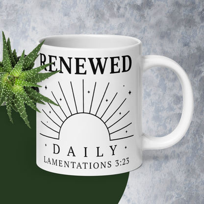 RavnCo Renewed Daily 20oz white ceramic mug with Lamentations 3:23 sunrise design.