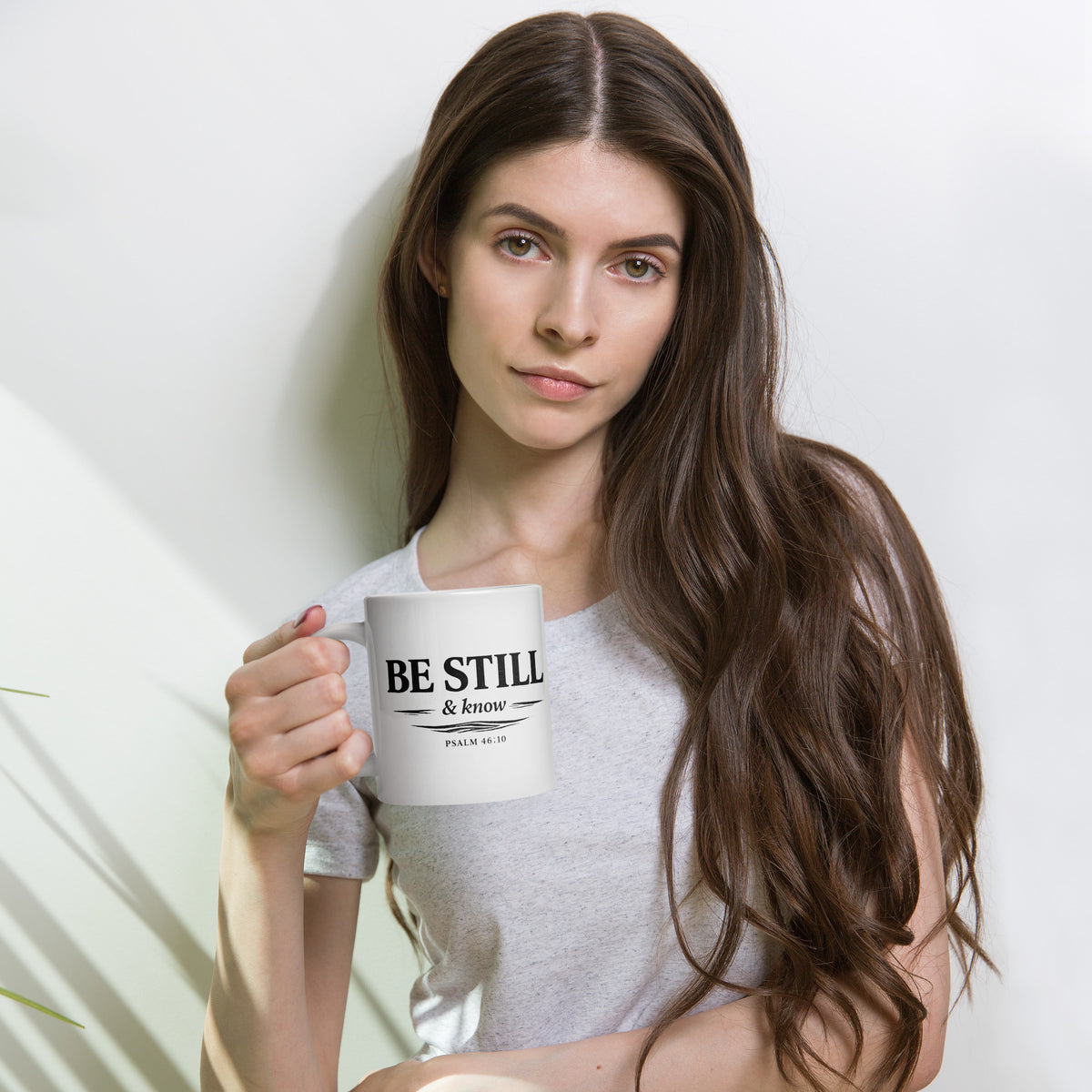 RavnCo Be Still & Know 20oz white glossy ceramic mug – Psalm 46:10 fine-line design.